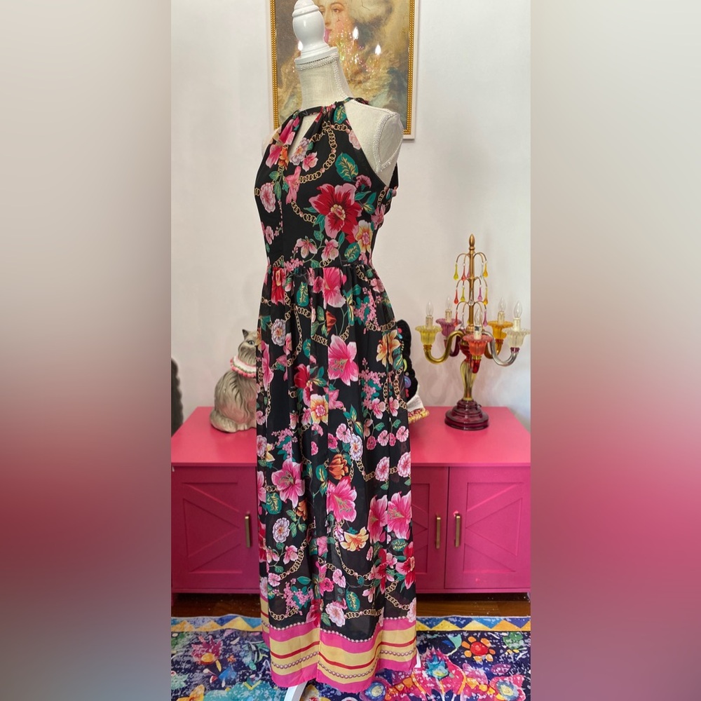 NICOLE MILLER BLACK PINK FLORAL MAXI DRESS SIZE 10 - Picture 6 of 11